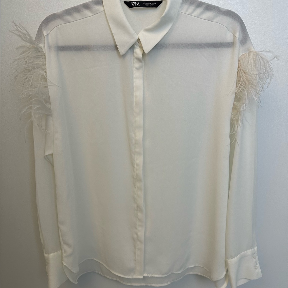 Zara ivory blouse with feather detail (M)